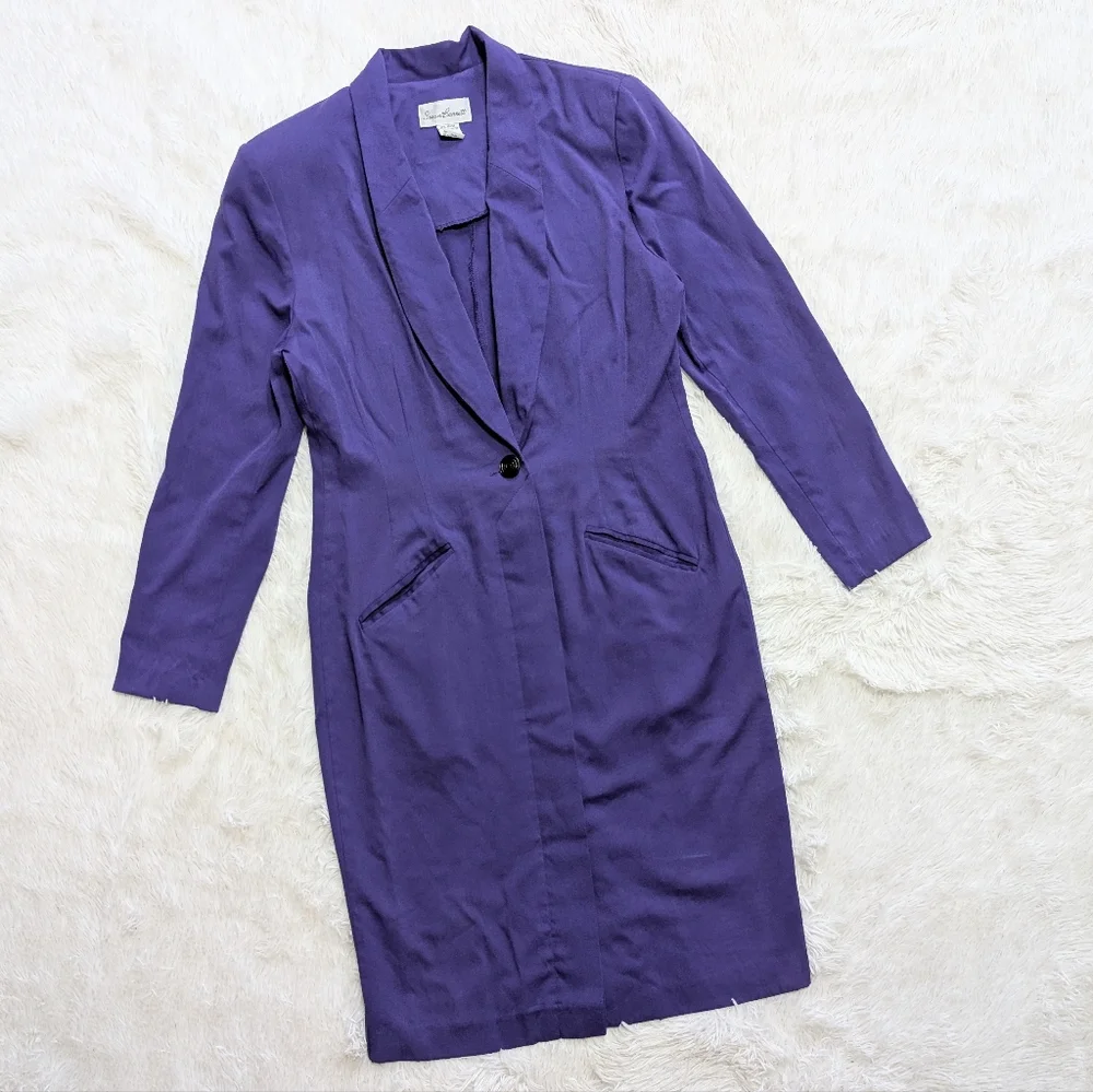 80s Vintage Susan Bennett Purple Plunge Neck Button Down Blazer Dress Size 12